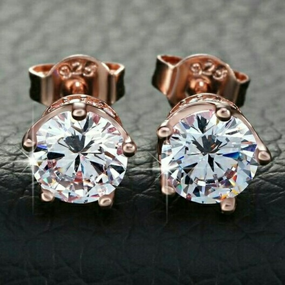 18k Rose Gold Crown Diamond Cz Stud Earrings - Picture 2 of 4